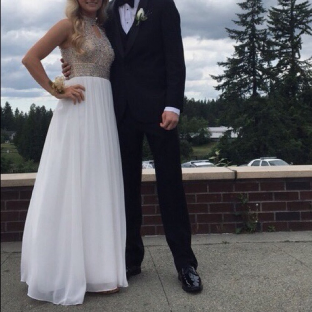 White sparkly prom dress, high neck